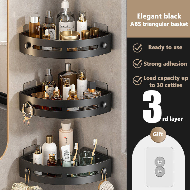 ✨3-Pack Black Triangle Shower Shelf, No-Drill Wall-Mounted Shower Storage Rack, Bathroom Accessories Towel Hook Toiletries